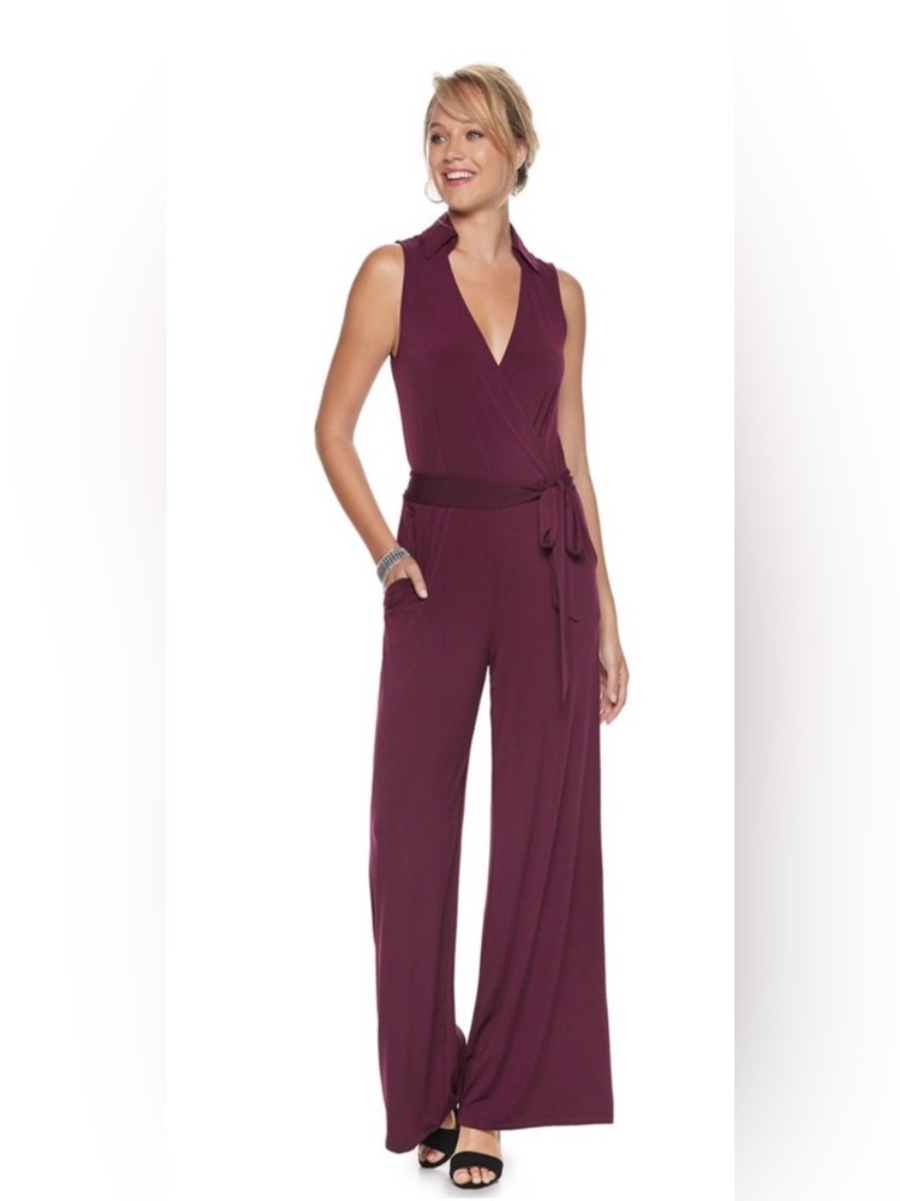 Nina Leonard Sleeveless Wrap Jumpsuit in Wine